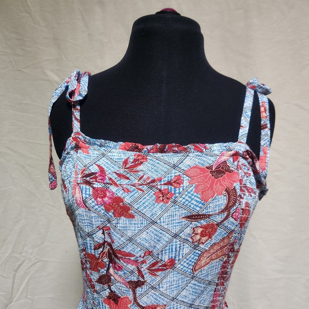 Knox Rose Red & Blue Sundress Double Ruffle Skirt Spaghetti Straps Shirred Top M
